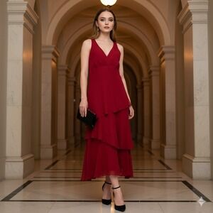 VTG Y2K Red Silk Tiered Asymmetrical Fairy‎ Ethereal Whimsy Midi Dress 12 Event